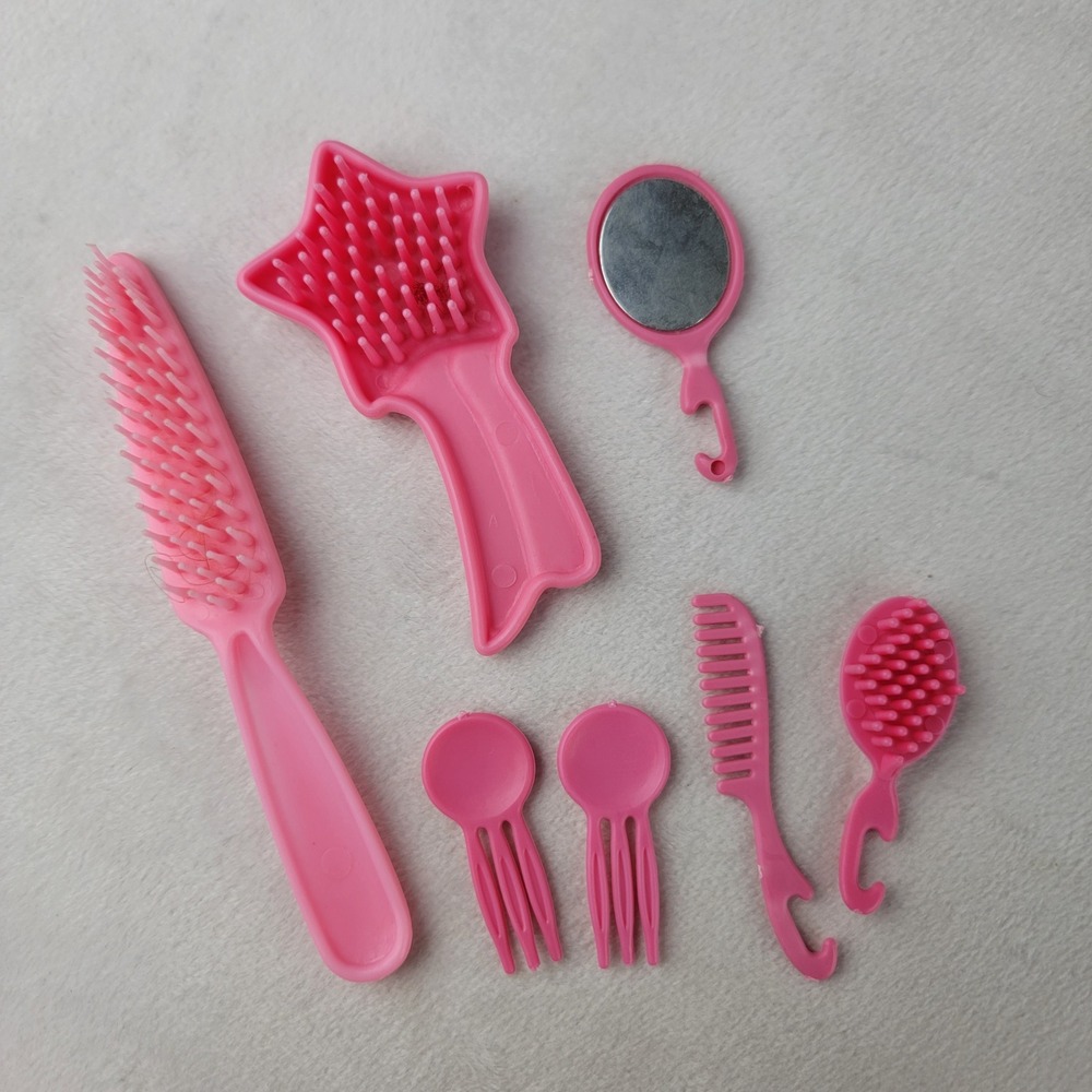 Vintage Barbie Doll Hair Brush Set Pink Star Heart Mirror Comb Accessories Toy
